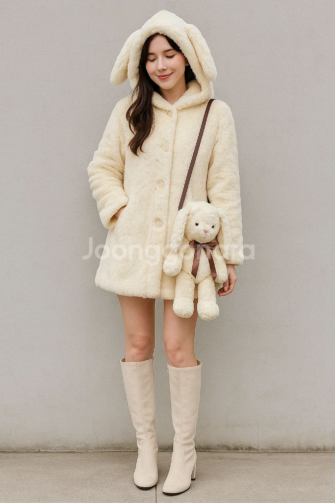 [희귀템] 판교 아브뉴프랑 정품 토끼퍼 코트 엘로아이보리 퍼코트 가방세트--0