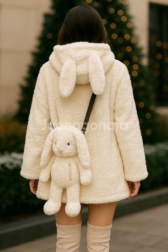 [희귀템] 판교 아브뉴프랑 정품 토끼퍼 코트 엘로아이보리 퍼코트 가방세트--1