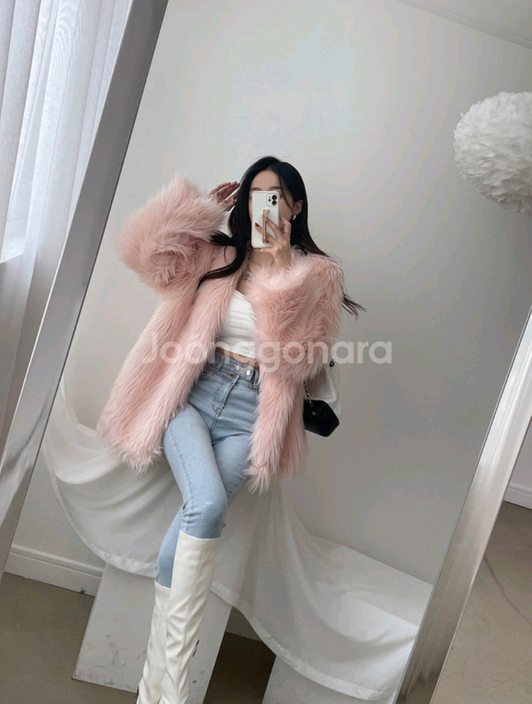 핑크 퍼 자켓 코트 겨울 아우터 페이크 폭스 퍼 자켓--0