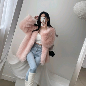 핑크 퍼 자켓 코트 겨울 아우터 페이크 폭스 퍼 자켓