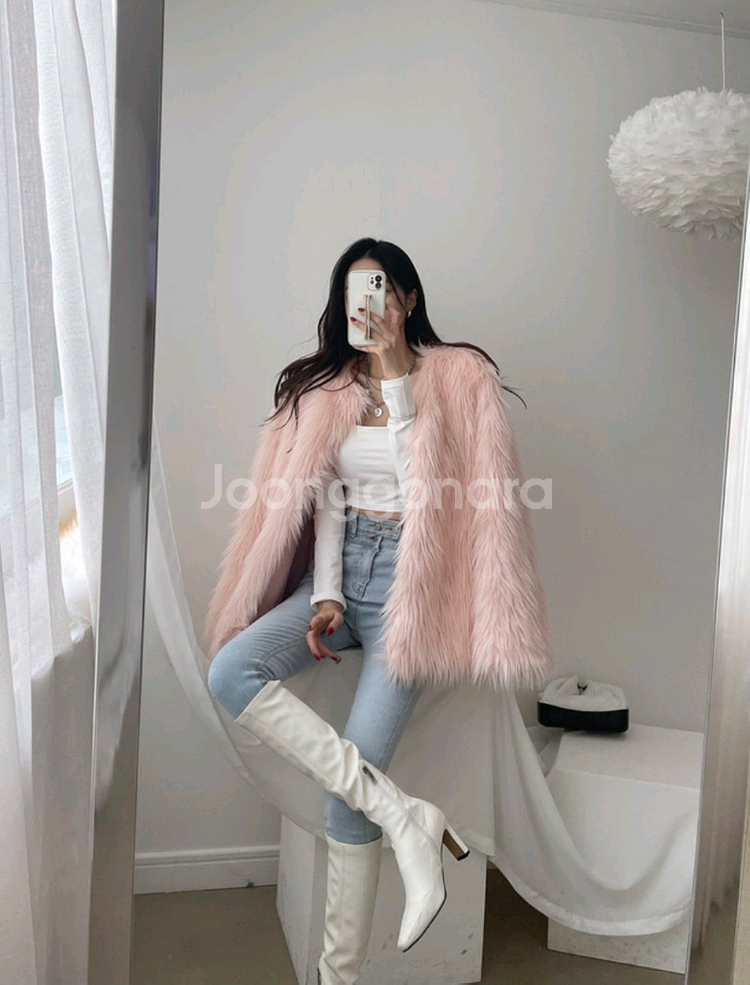 핑크 퍼 자켓 코트 겨울 아우터 페이크 폭스 퍼 자켓--2