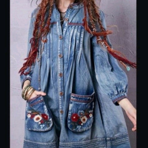 keer qiaowa 플로럴 자수 데님 롱 셔츠원피스