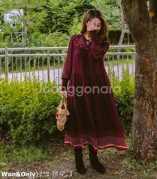 써스데이아일랜드 와인 쉬폰 롱 원피스--7