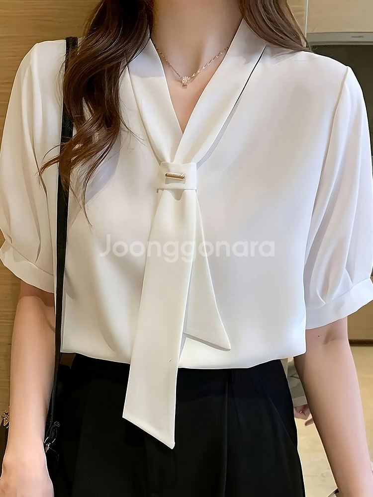 여성용 반팔 블라우스 쉬폰 리본 타이--4