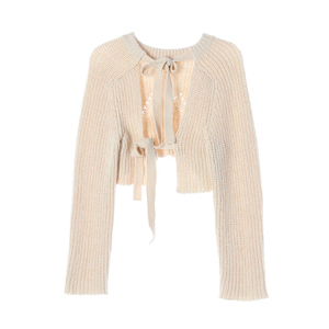 [S]렉토 크림 베이지 리본 타이 오픈 크롭 니트 스웨터