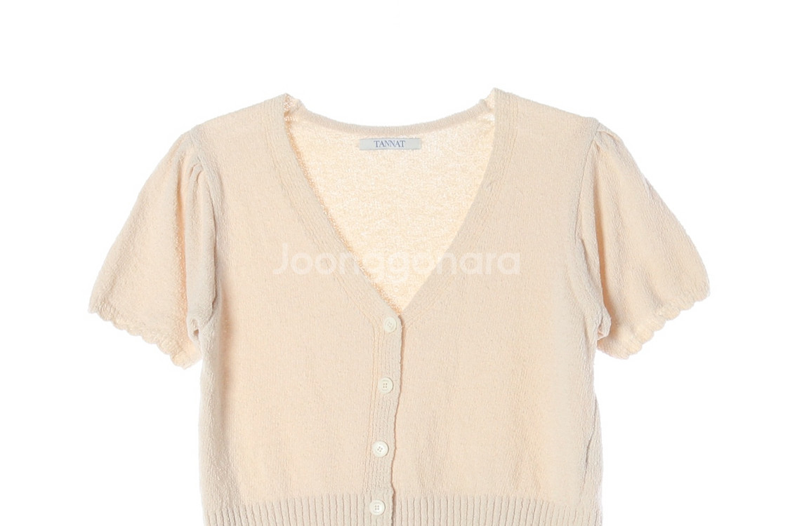 [F]타낫 베이지 물결 반팔 브이넥 크롭 니트 가디건--1