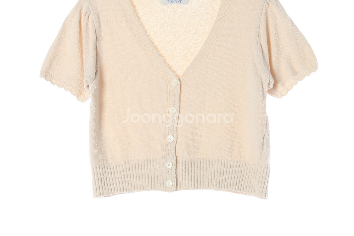 [F]타낫 베이지 물결 반팔 브이넥 크롭 니트 가디건--2