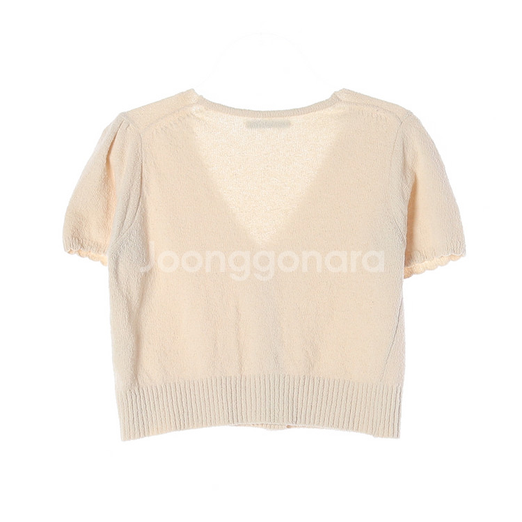 [F]타낫 베이지 물결 반팔 브이넥 크롭 니트 가디건--3