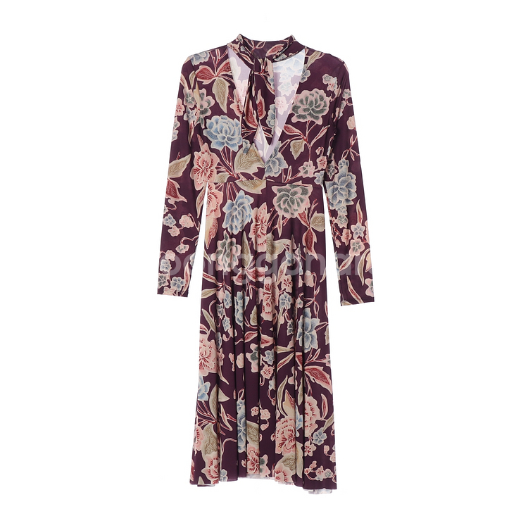 [XS]자라 퍼플 플로럴 브이넥 리본 스카프 긴팔 롱 원피스 드레스--0