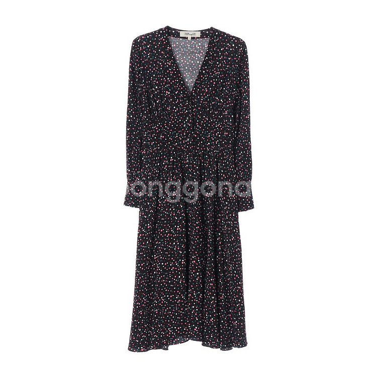 [S]다이앤본퍼스텐버그 블랙 멀티 도트 브이넥 긴팔 롱 원피스--0