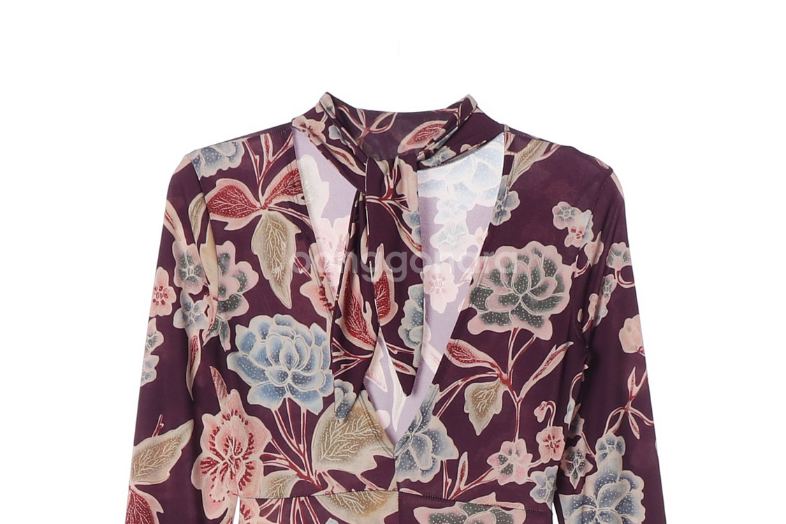 [XS]자라 퍼플 플로럴 브이넥 리본 스카프 긴팔 롱 원피스 드레스--1