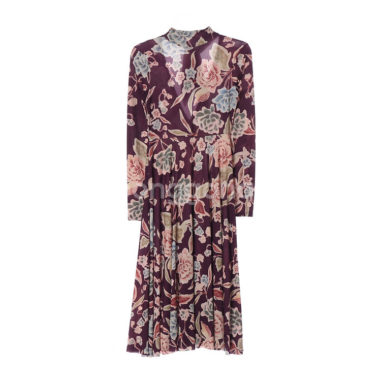 [XS]자라 퍼플 플로럴 브이넥 리본 스카프 긴팔 롱 원피스 드레스--4