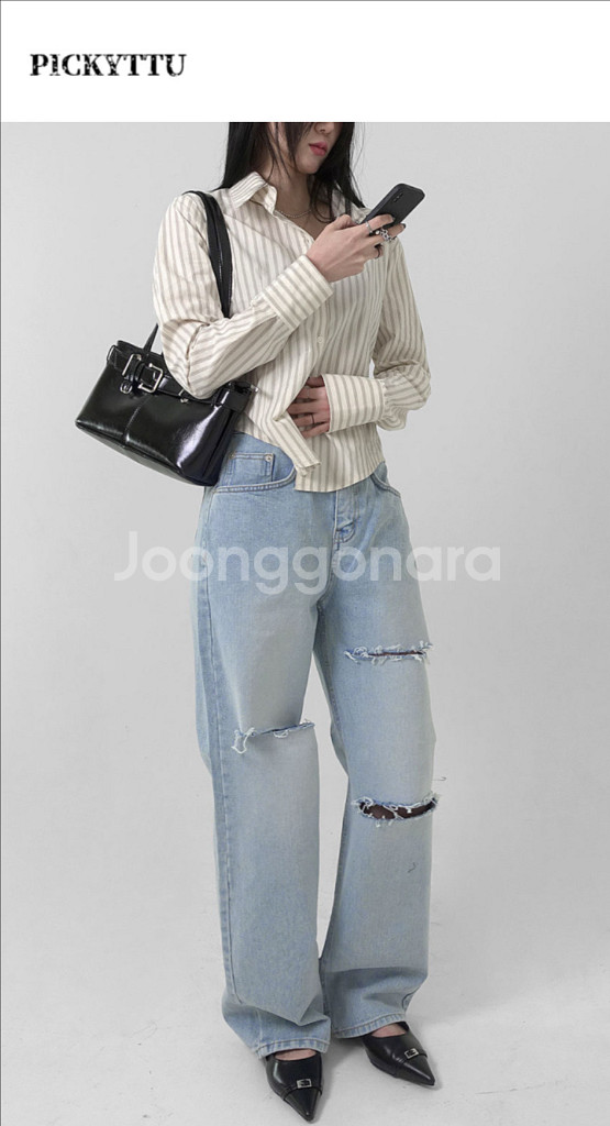 트임 데님 와이드 팬츠 (M)--3