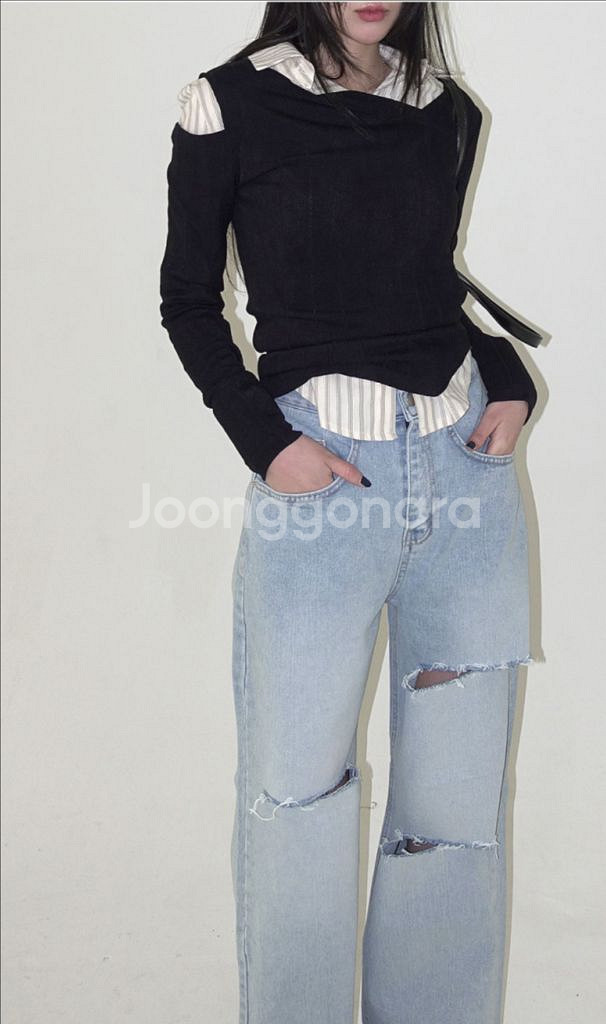 트임 데님 와이드 팬츠 (M)--1