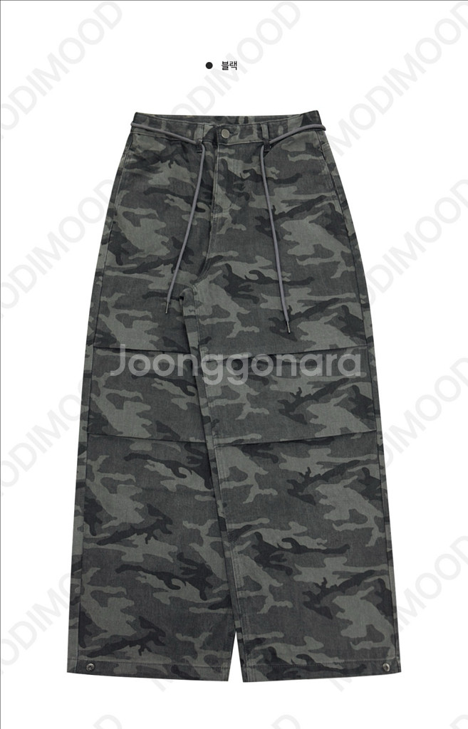 [블랙/S] 모디무드 투스 핀턱 스트랩 카모 와이드 스냅 투웨이 팬츠--1