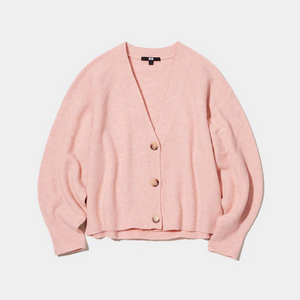 유니클로 수플레얀 숏 크롭 울 니트 가디건 핑크 M