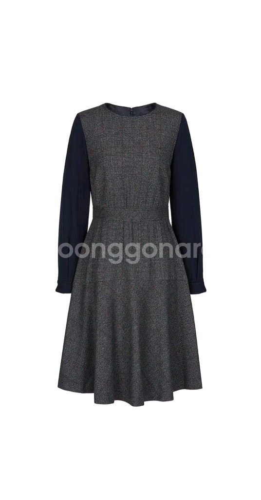 헤지스레이디스 그레이 체크배색 울혼방 미디원피스 66--2