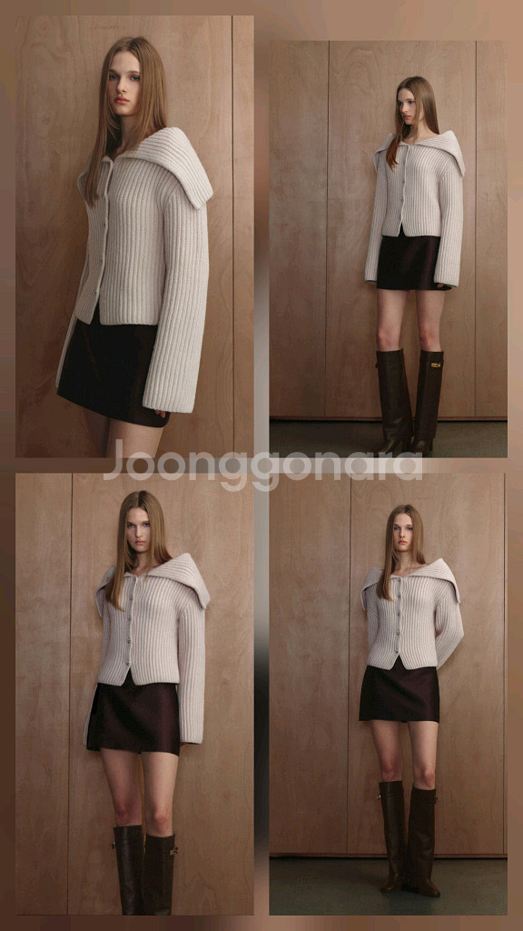 더로랑 해비 빅 카라 니트 가디건 베이지 핑크--2