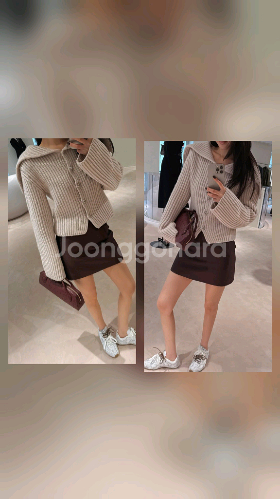 더로랑 해비 빅 카라 니트 가디건 베이지 핑크--0