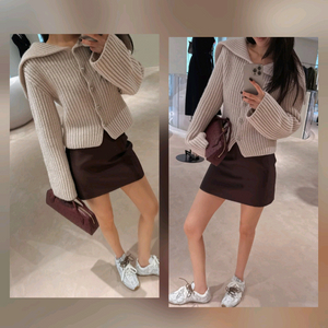 더로랑 해비 빅 카라 니트 가디건 베이지 핑크