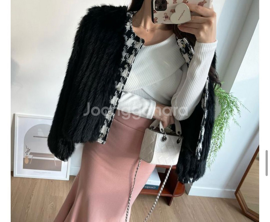 (새상품)밍크퍼자켓 트위드퍼자켓 체크트위드자켓--3