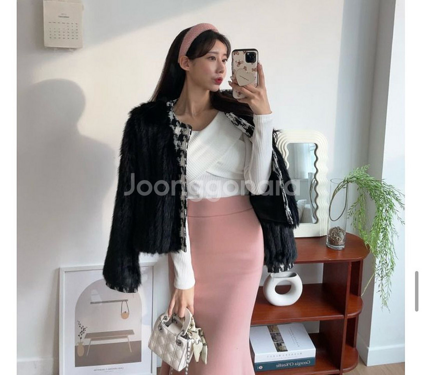 (새상품)밍크퍼자켓 트위드퍼자켓 체크트위드자켓--0