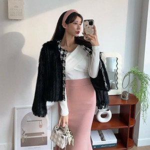 (새상품)밍크퍼자켓 트위드퍼자켓 체크트위드자켓