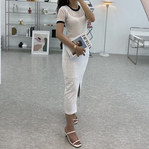 배색 시스루 반팔 티셔츠 금장 포인트 슬림 쫀쫀 골지 플리츠 주름