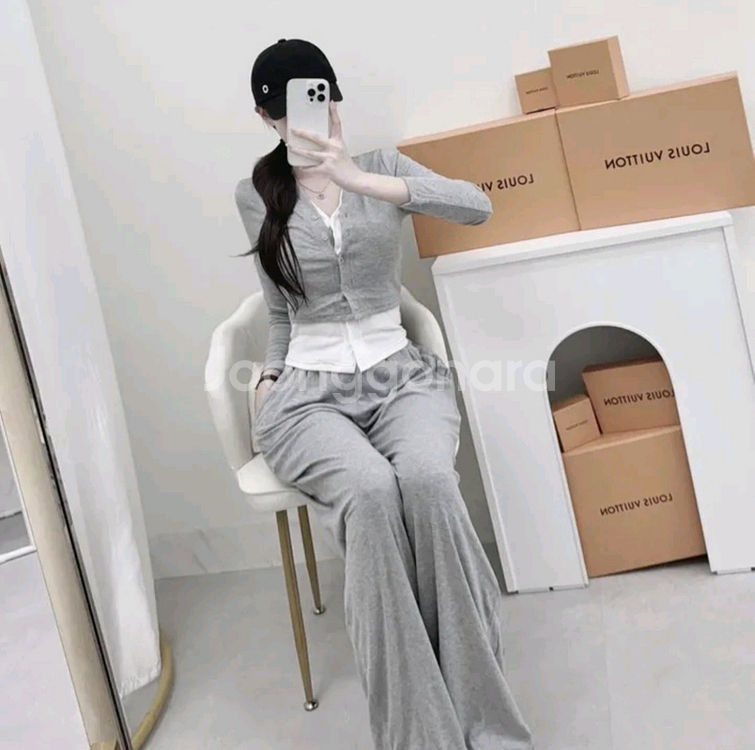 새상품 배색가디건+와이드팬츠 밴딩바지 투피스 세트--0