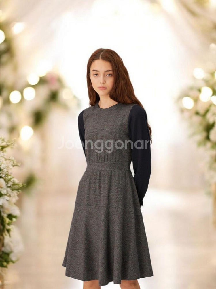 헤지스레이디스 그레이 체크배색 울혼방 미디원피스 66--9