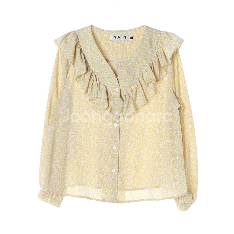 [M]나인 옐로우 플로럴 러플 브이넥 긴팔 블라우스--0