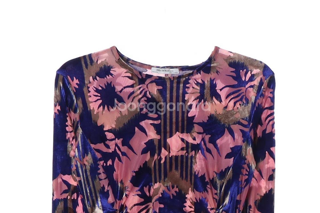 [S]자라 네이비 핑크 벨벳 레이스 셔링 긴팔 롱 원피스 드레스--1