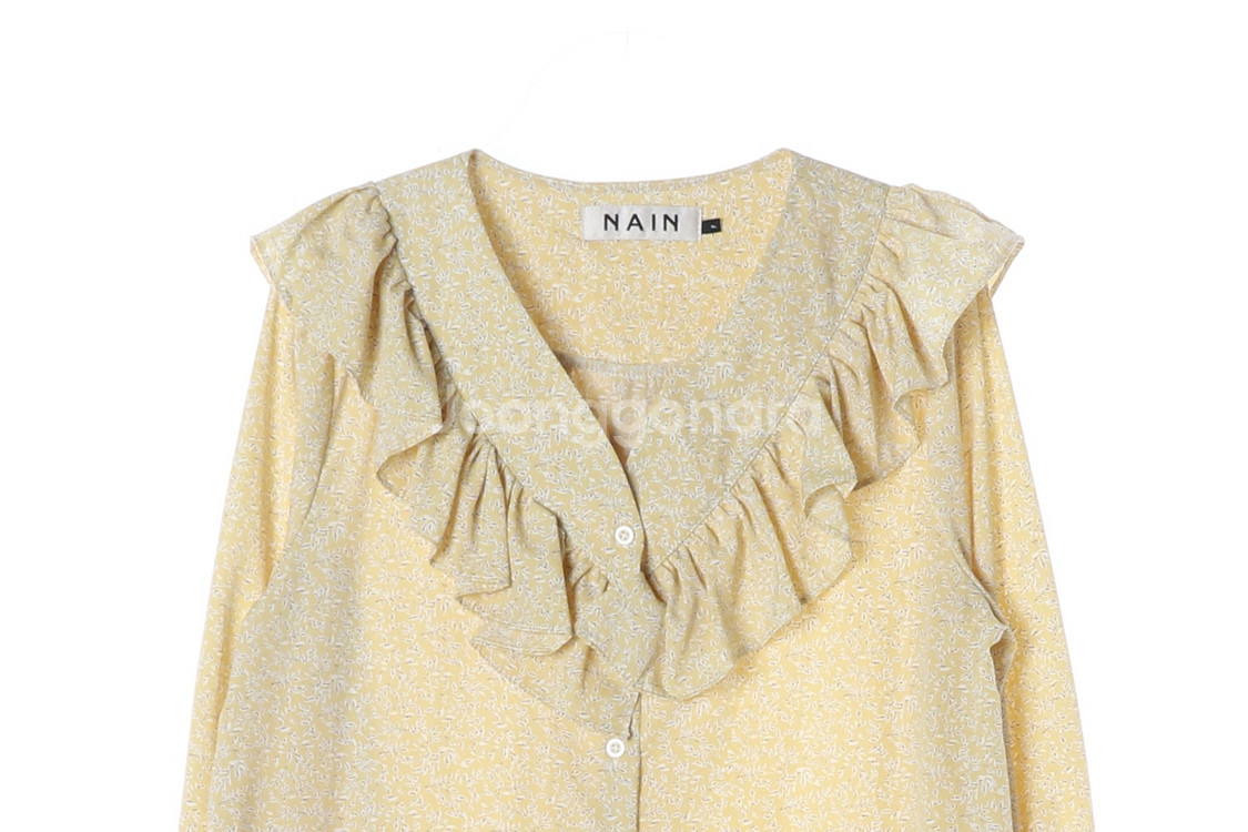 [M]나인 옐로우 플로럴 러플 브이넥 긴팔 블라우스--1