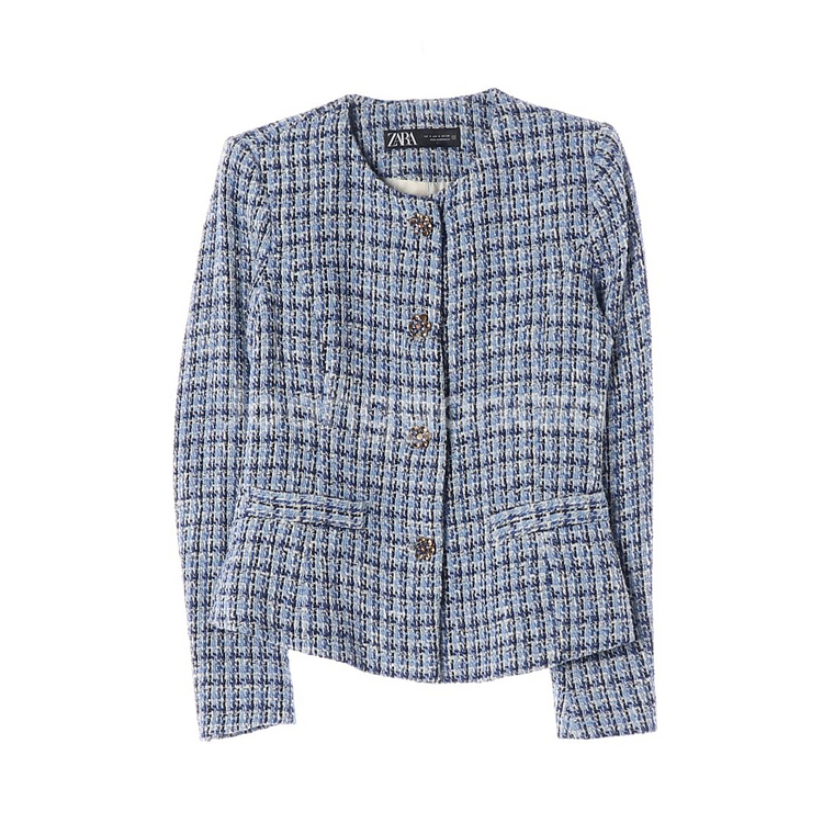 [S]자라 블루 큐빅 버튼 노카라 라운드 트위드자켓 재킷--0