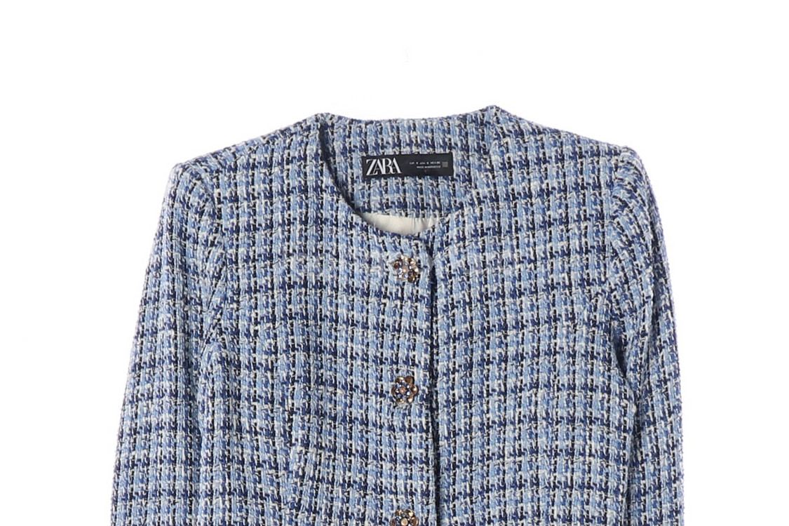 [S]자라 블루 큐빅 버튼 노카라 라운드 트위드자켓 재킷--1