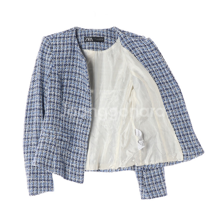 [S]자라 블루 큐빅 버튼 노카라 라운드 트위드자켓 재킷--3