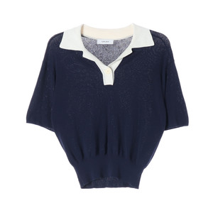 [M]구호플러스 네이비 아이보리 배색 카라 반팔 니트 티셔츠