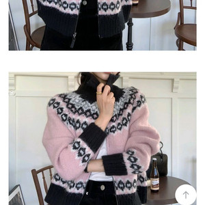 사랑스러운 분홍색 바탕에 독특한 노르딕 패턴이 돋보이는 니트 가디건