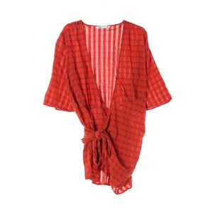 [M]자라 오렌지 브라운 체크 브이넥 반팔 랩 미니 원피스