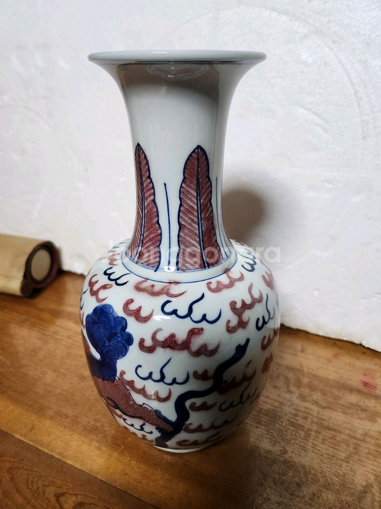 고도자기 유리홍 사자 그림 화병--3