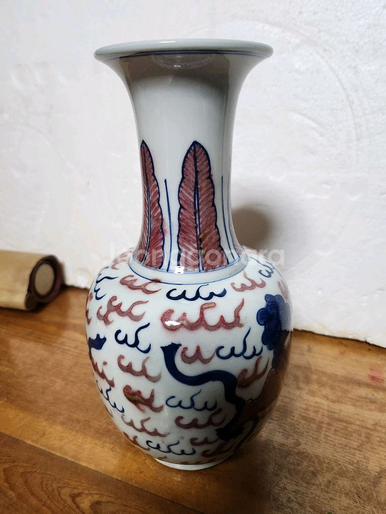 고도자기 유리홍 사자 그림 화병--2