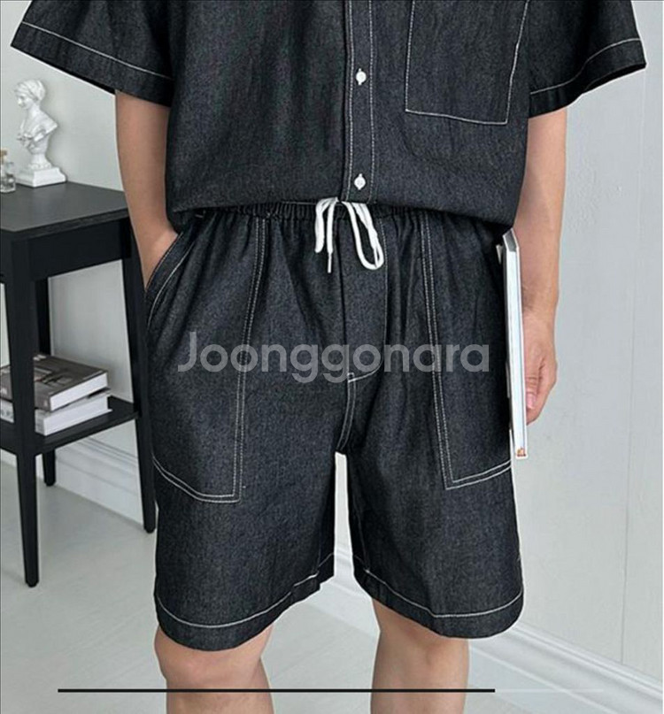 블랙 데님 반바지 스티치 포인트--0