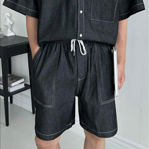 블랙 데님 반바지 스티치 포인트