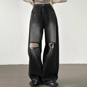 하이웨스트 무릎 구제 트임 워싱 롱 와이드 데님팬츠 (딥블랙)