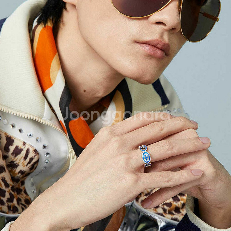 새상품 구찌 반지 인터로킹 G 에나멜 링 실버 블루 에나멜--4