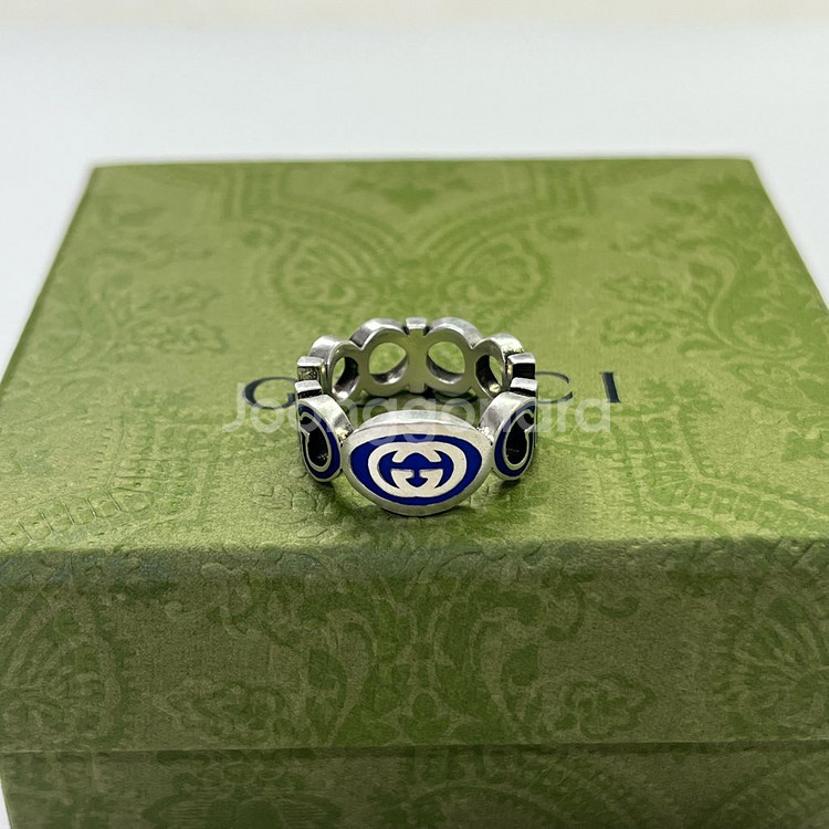 새상품 구찌 반지 인터로킹 G 에나멜 링 실버 블루 에나멜--5