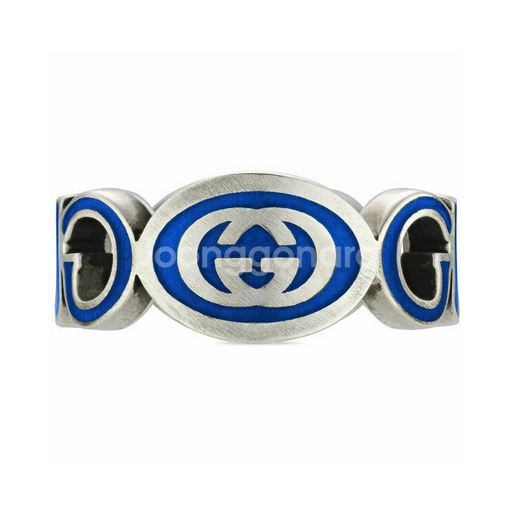 새상품 구찌 반지 인터로킹 G 에나멜 링 실버 블루 에나멜--1