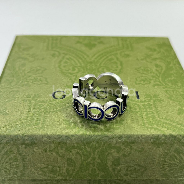 새상품 구찌 반지 인터로킹 G 에나멜 링 실버 블루 에나멜--6
