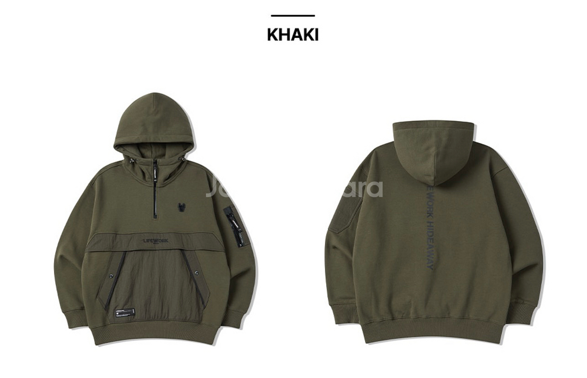 [새상품] 라이프워크 우븐 배색 반집업 후드 티셔츠 카키 M, L--1