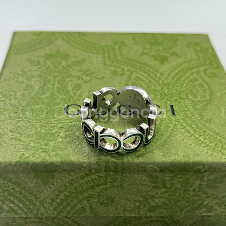 새상품 구찌 반지 인터로킹 G 에나멜 링 실버 그린 에나멜--6